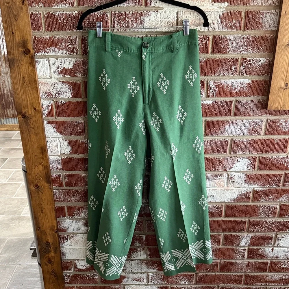 Zara Embroidered Linen Cropped Wide Leg Trousers Sz S Resortwear Beachy Green